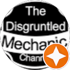 Black and white circular logo for The Disgruntled Mechanic Channel with an orange star icon.